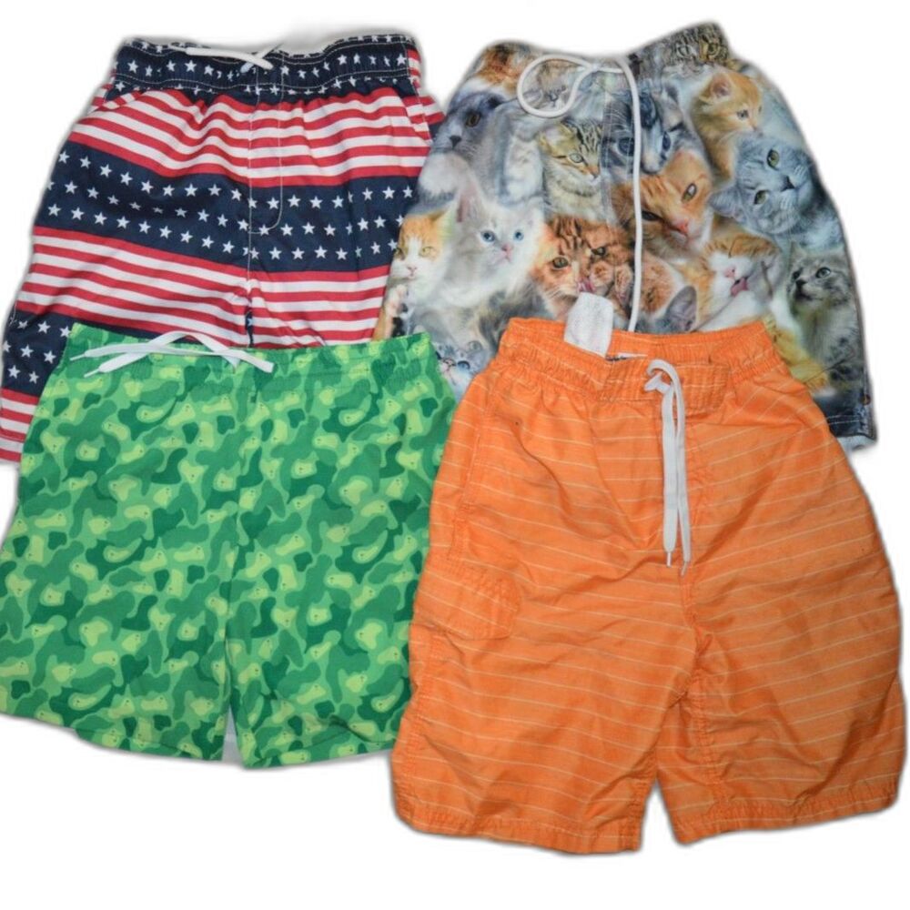 Swim Suit Trunks Bathing Lot of 4 Boys 10-12 Cats Golf Patriotic USA American